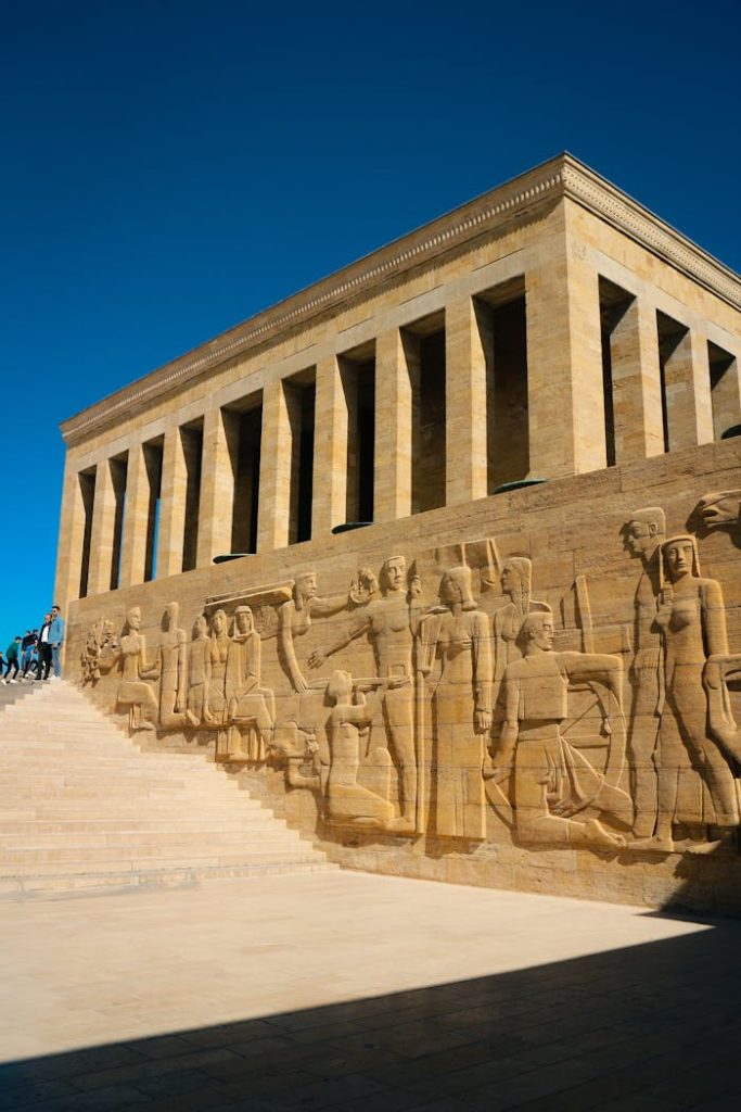 View of Anıtkabir, the mausoleum of Mustafa Kemal Atatürk, with relief sculptures in Ankara, Turkey.